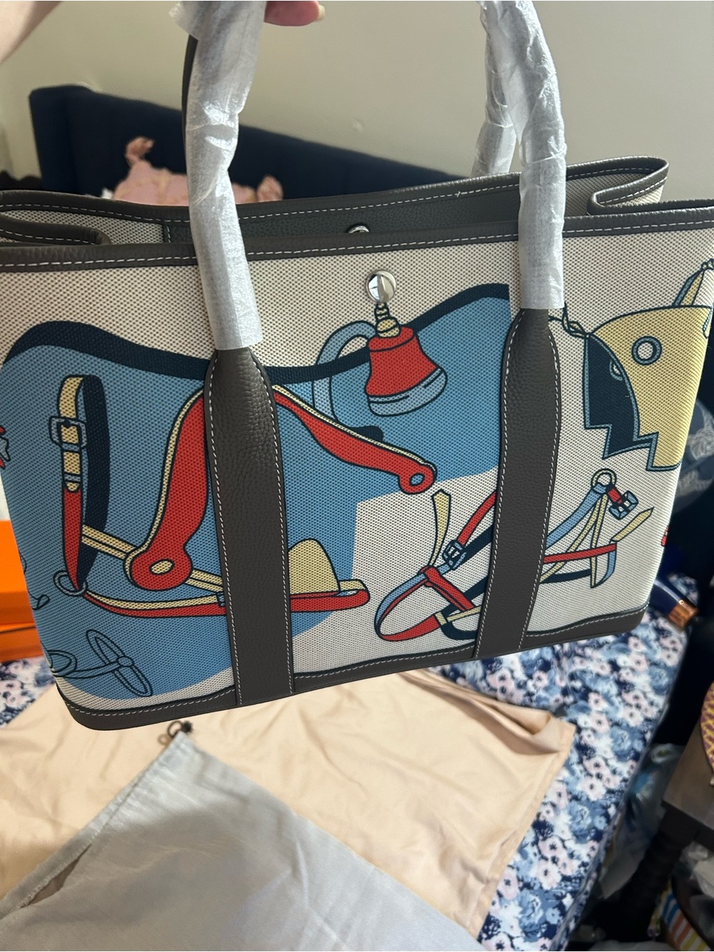 Canvas Tote Bag with Equestrian Print - Gray Trim